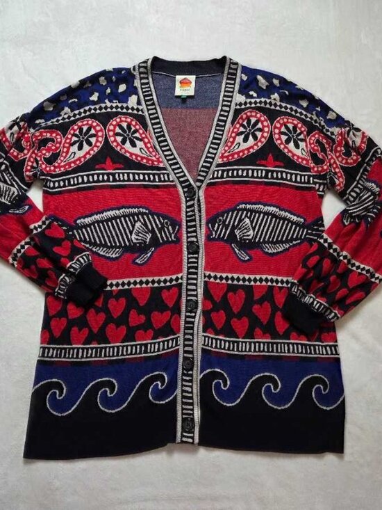 FARM Rio Sweaters - L Farm Rio x Anthropologie navy mixed prints knit cardigan sweater Fish & Hearts